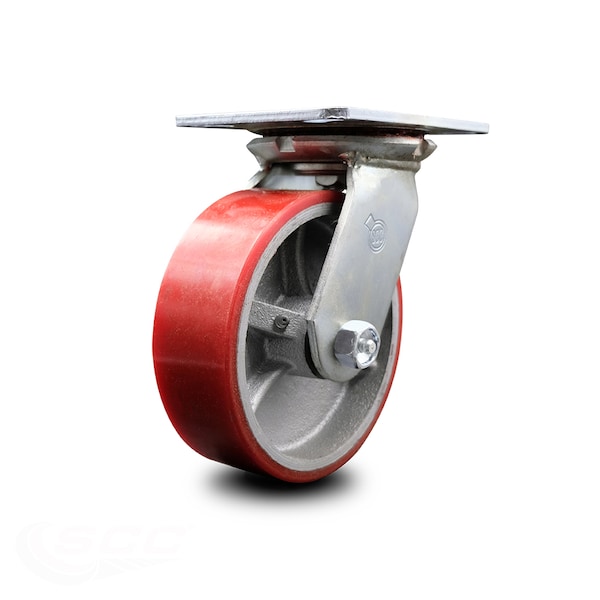 6 Inch Heavy Duty Red Poly on Cast Iron Swivel Caster with Ball Bearing SCC